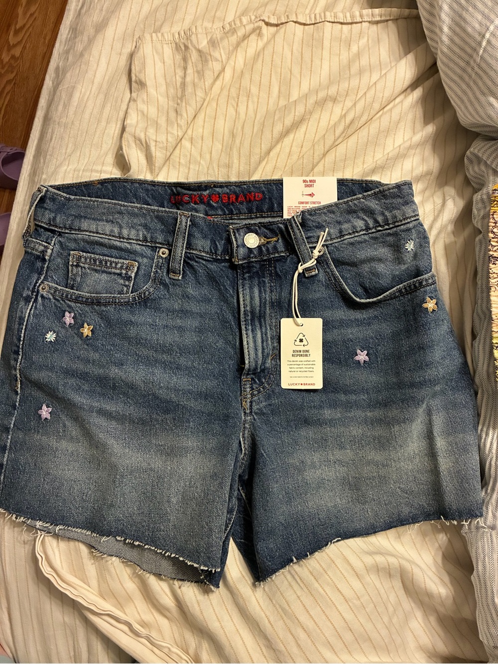 Lucky Brand Blue Denim Shorts with Pastel Floral Embroidery